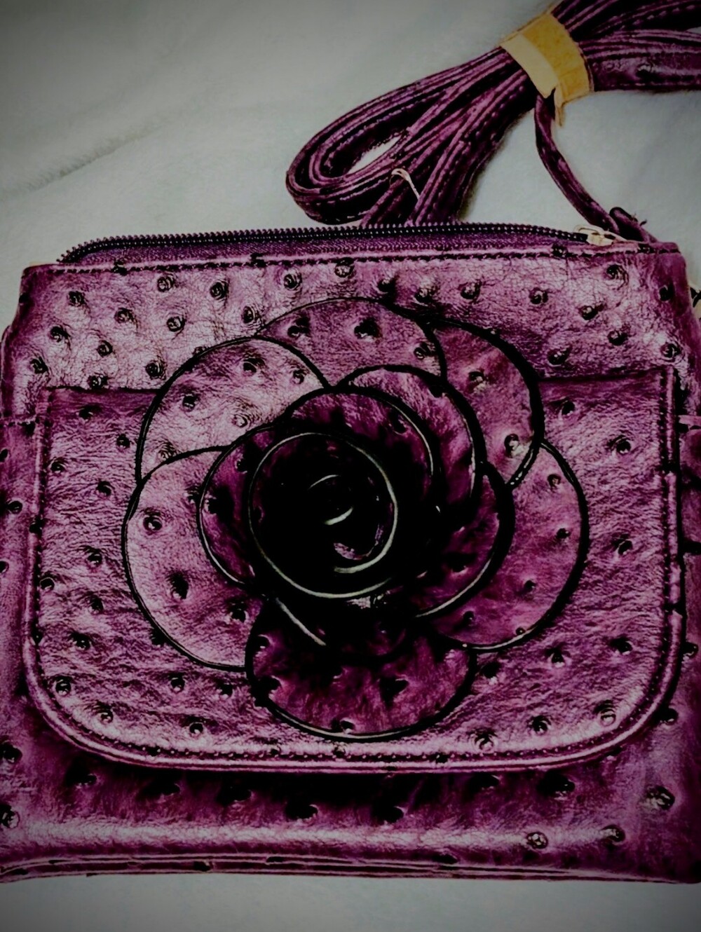 Women's Purple Floral Accent Trimmed Black Ostrich Faux Leather Small Crossbody.